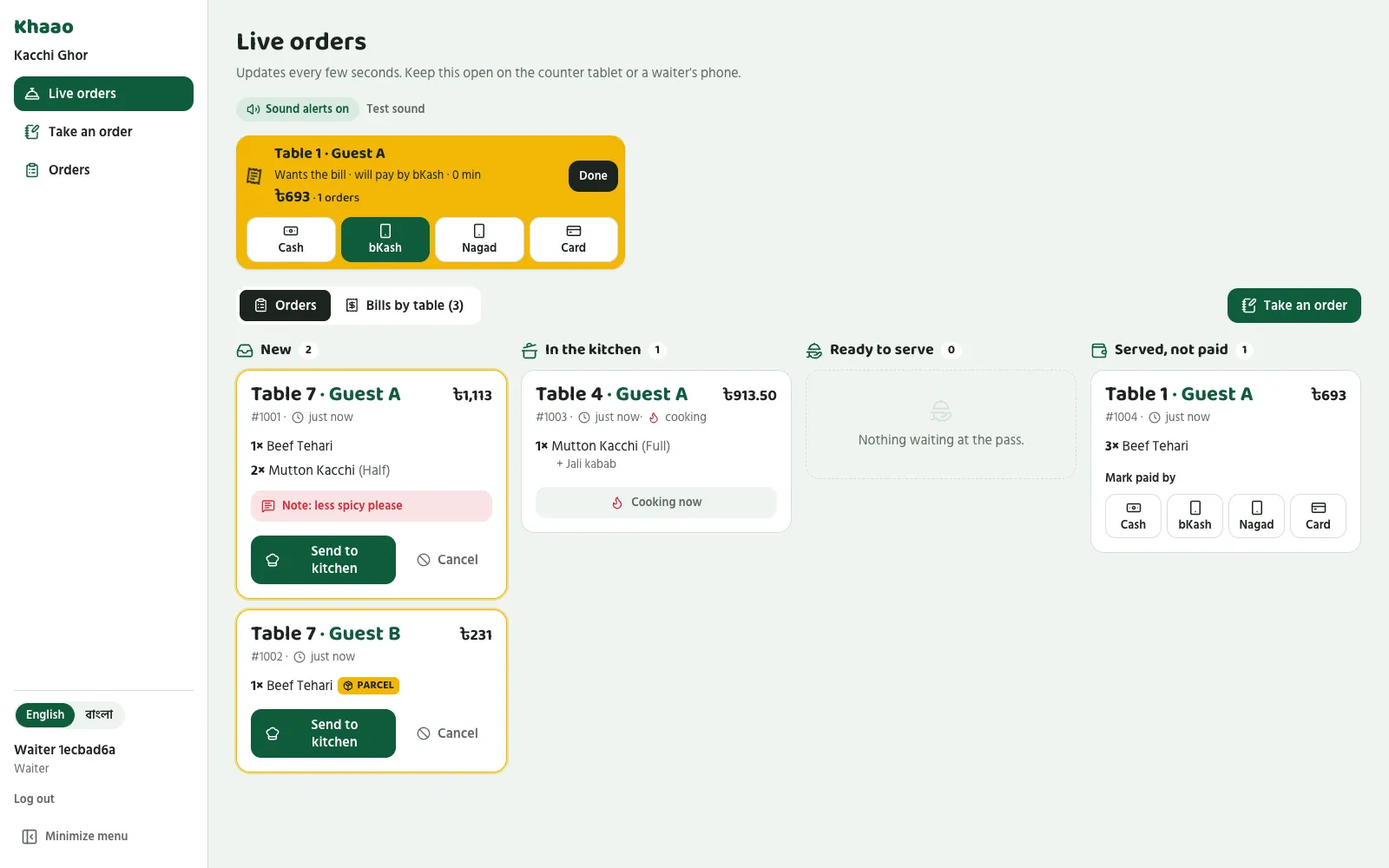 Live orders board: a bill request from table 4, and orders grouped into new, in the kitchen and ready to serve
